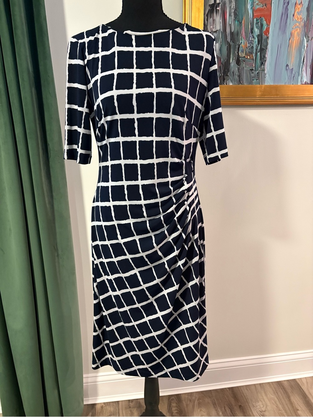 connected apparel Navy and White Grid Ruched Midi Dress
